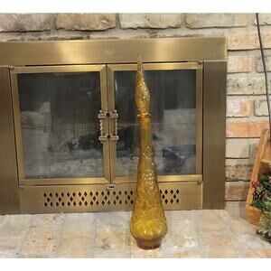 Vintage Amber Genie Bottle, Tall Decanter, Floral & Leaf Imprints